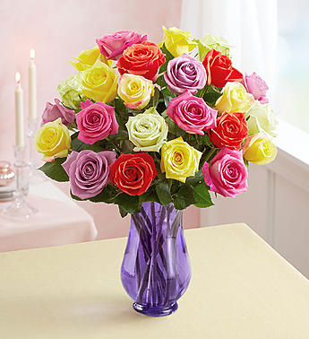 1-800-Flowers Two Dozen Assorted  Roses with Purple Vase - gaudely