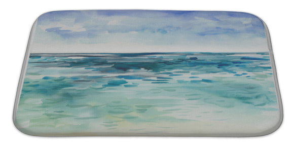 Bath Rug Mat No Slip Microfiber Memory Foam, White Blue Green Watercolor Sea Waves Cloud Beach, 34x21 - gaudely