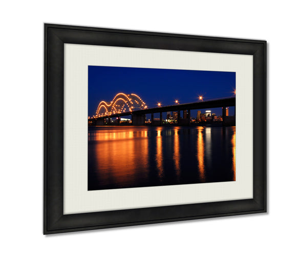 Framed Prints Memphis Bridge Over Mississippi River Wall Art Decor Giclee Photo Print In Black Wood Frame, Soft White Matte, Ready to hang 16x20 art - gaudely