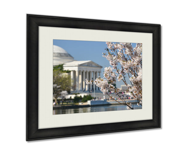 Framed Prints Spring In Washington Dc Cherry Blossom Festival At Jefferson Memorial Wall Art Decor Giclee Photo Print In Black Wood Frame, Soft White Matte, Ready to hang 16x20 art - gaudely