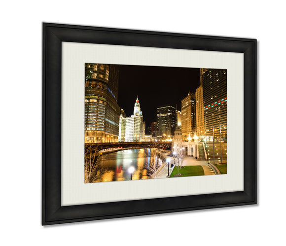 Framed Prints, Chicago River At Night Wall Art Decor Giclee Photo Print In Black Wood Frame, Soft White Matte, Ready to hang, 16x20 Art - gaudely