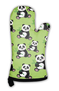 Oven Mitt, Pattern With Sitting Cute Panda And Bamboo - gaudely