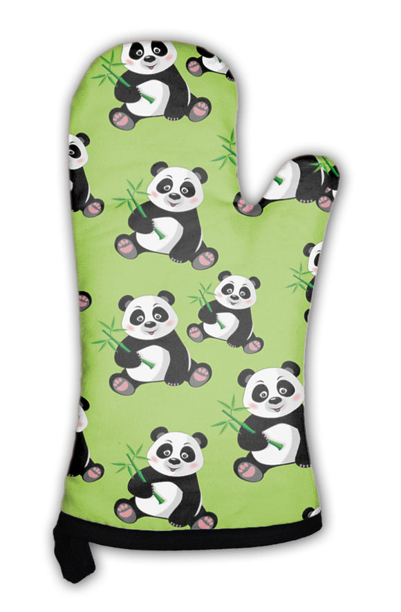 Oven Mitt, Pattern With Sitting Cute Panda And Bamboo - gaudely