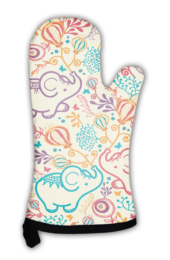 Oven Mitt, Elephants With Flowers Pattern - gaudely