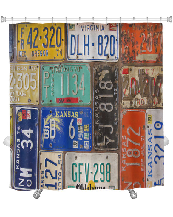 Shower Curtain, Rusty Retro License Plates, 71x74 Inches - gaudely