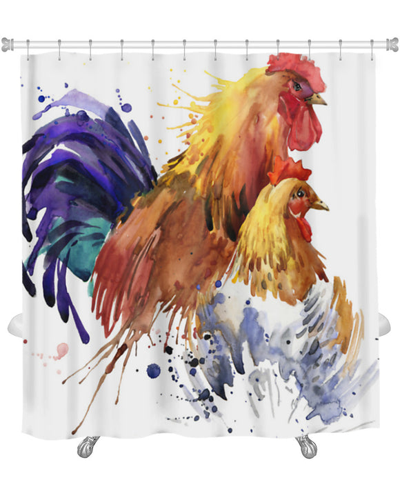 Shower Curtain, Chicken And Rooster With Splash - gaudely