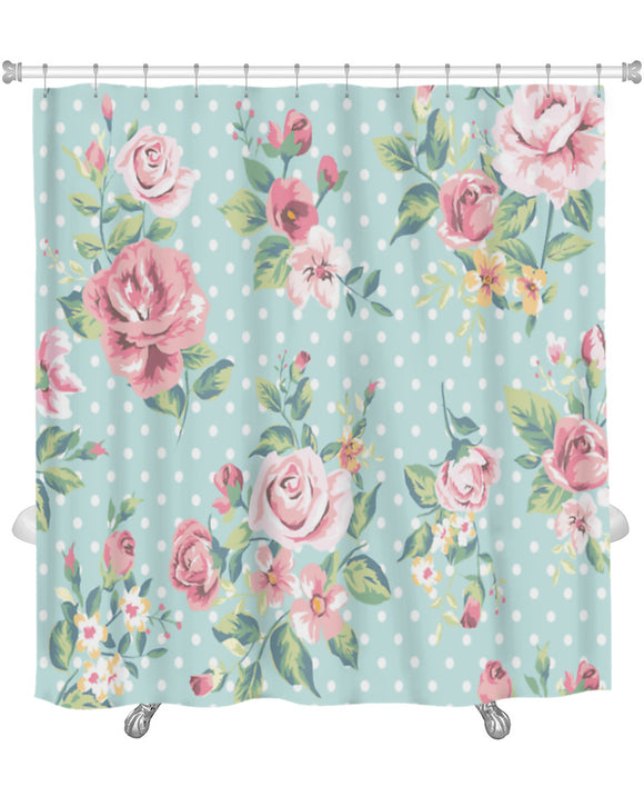 Shower Curtain, Vintage Pink Flower Pattern On Dots - gaudely