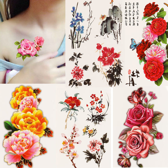 1x DIY Body Art Temporary Tattoo Colorful Flower Watercolor Painting Drawing Decal Waterproof Tattoos Sticker - gaudely