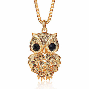 Retro Antique Alloy with Rhinestone Crystal Owl Long Necklace GD - gaudely