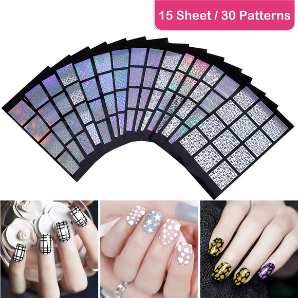 15 Pcs ETEREAUTY DIY Nail Art Hollow Stencil Sticker 30 Different Designs Easy Nail Stencil Sheet Decals Stickers - gaudely