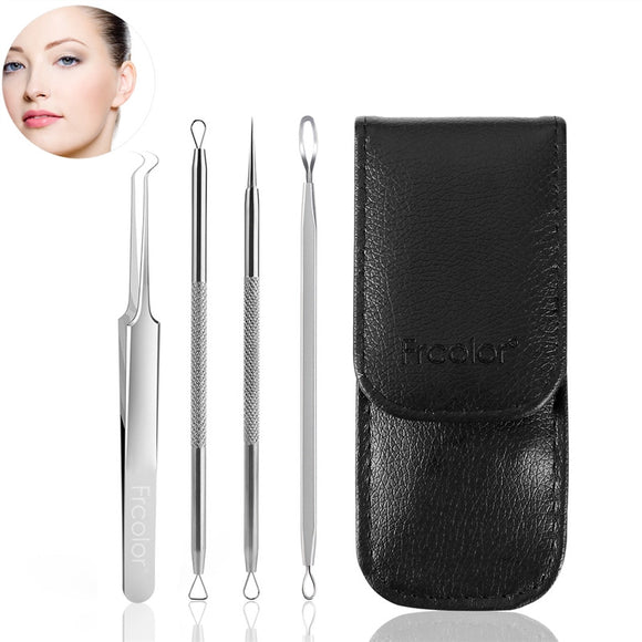 Frcolor 4pcs Blackhead Remover Pimple Comedone Extractor Tool Best Acne Removal Extraction Kit with Black Leather Case - gaudely