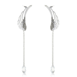 Women's Angel Wing Crystal Water Drop Dangle Earrings Clip Non-piercing Ear Cuff - gaudely