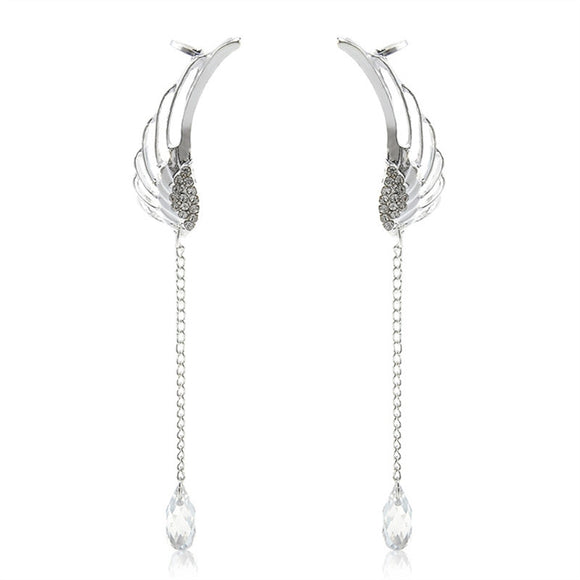 Women's Angel Wing Crystal Water Drop Dangle Earrings Clip Non-piercing Ear Cuff - gaudely