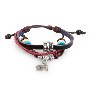 Fashion Unisex Handmade Retro Pirate Flag Beads Adjustable PU Bracelet Wirstband - gaudely