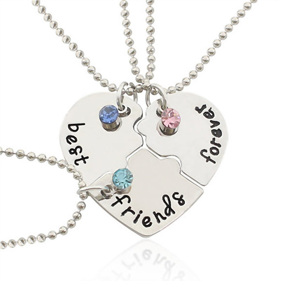 Silver Tone Alloy Rhinestone Best Friends Forever Necklace Engraved Puzzle Friendship Pendant Necklaces Set - gaudely