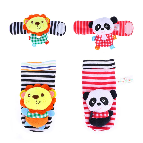 4PCS Soft Plush Animal Wrists Rattle and Foot Finder Socks Set Best Gift Early Educational Development Toy for Infant Baby Boys and Girls - gaudely