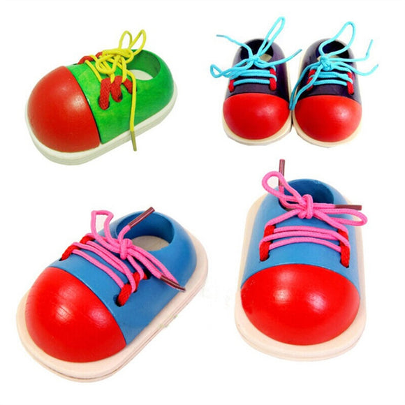Wooden Toy Tie-Up Shoe Kids Learnimg To Tie Shoe Lacing - gaudely