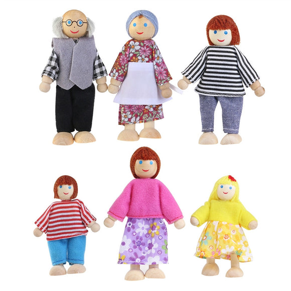 NUOLUX 6pcs Wooden Puppet Toys Cartoon Family Dolls for Children Play House Gift - gaudely