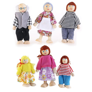 6pcs Wooden Puppet Toys Cartoon Family Dolls for Children Play House Gift - gaudely