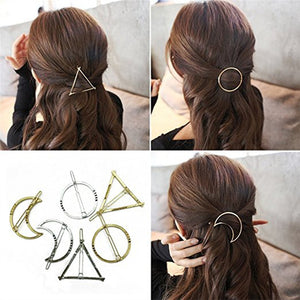 6pcs Minimalist Dainty Gold Silver Hollow Geometric Metal Hairpin Hair Clip Clamps with Circle Triangle Moon Shape - gaudely