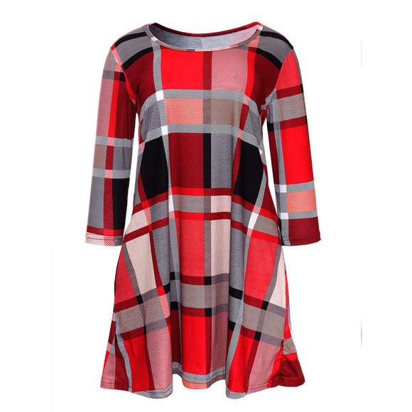 Womens Plaid Print Scoop Neck Casual Swing Tunic Mini Dress With Pockets - gaudely
