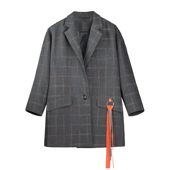 Cotton Plaid Grey Fashion Trench Jacket - gaudely