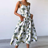 Women Sexy Printing Buttons Off Shoulder Sleeveless Dress Princess Dress - gaudely