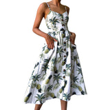 Women Sexy Printing Buttons Off Shoulder Sleeveless Dress Princess Dress - gaudely