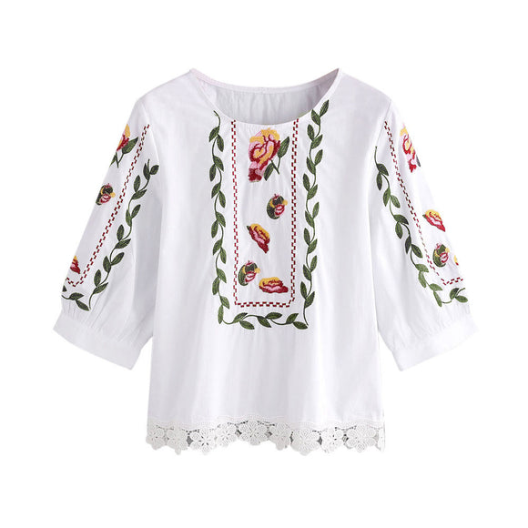 Women Lace Floral Flower Printed Blouse Casual Tops Loose T-Shirt - gaudely