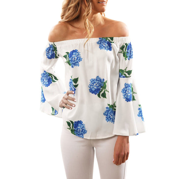 Women Long Sleeve Off Shoulder Floral Printed Blouse Casual Tops - gaudely